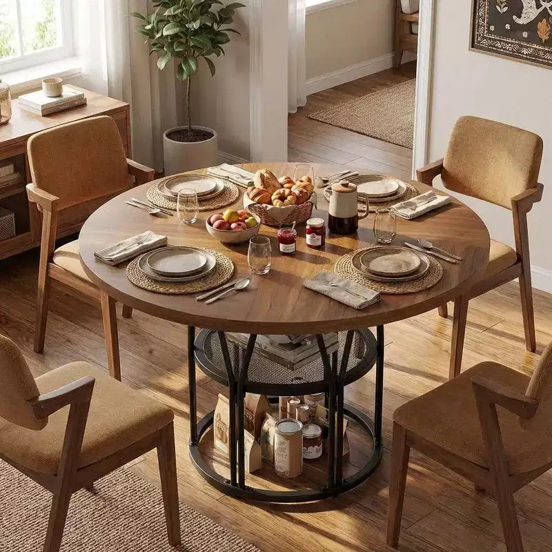 Table à manger ronde moderne 47" pour 4 à 6 personnes, table de cuisine circulaire avec étagère de rangement et cadre en métal robuste pour salle à manger et appartement