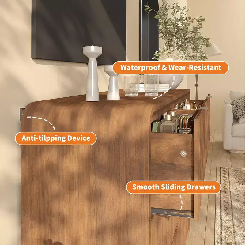 Commode large à 8 tiroirs cannelée avec bords arrondis, commode moderne, rangement polyvalent pour chambre à coucher, salon et couloir