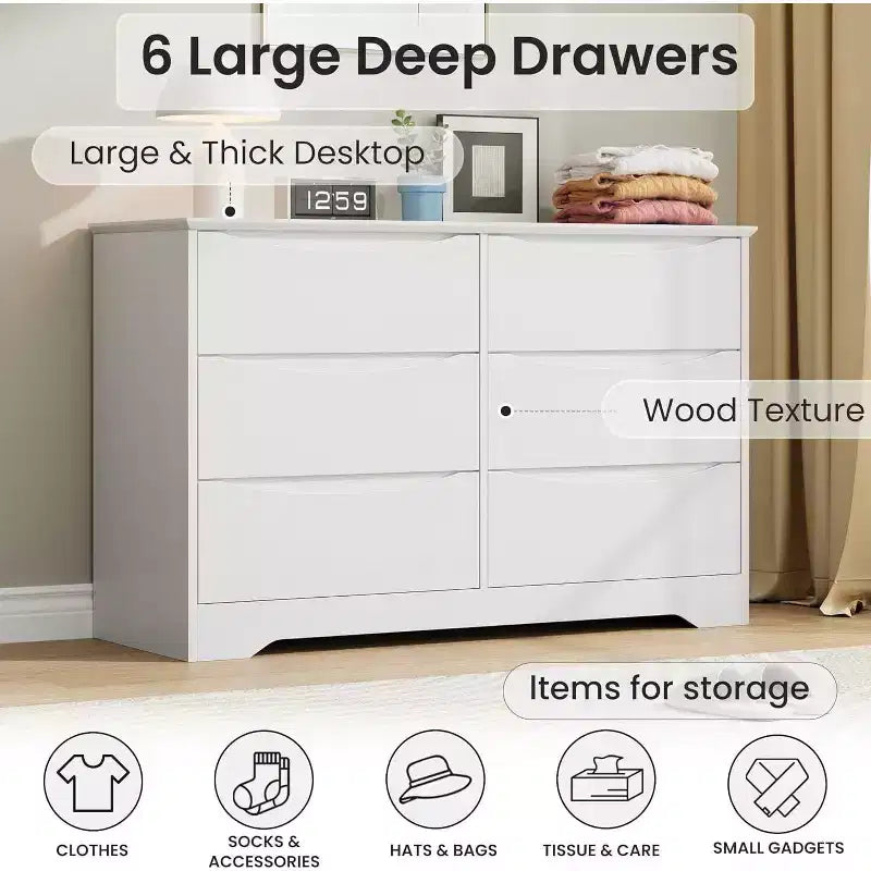 GustoWave Armoire Moderne, Commode de Rangement en Bois avec 6 Tiroirs pour Chambre, Salon, Couloir, Blanc