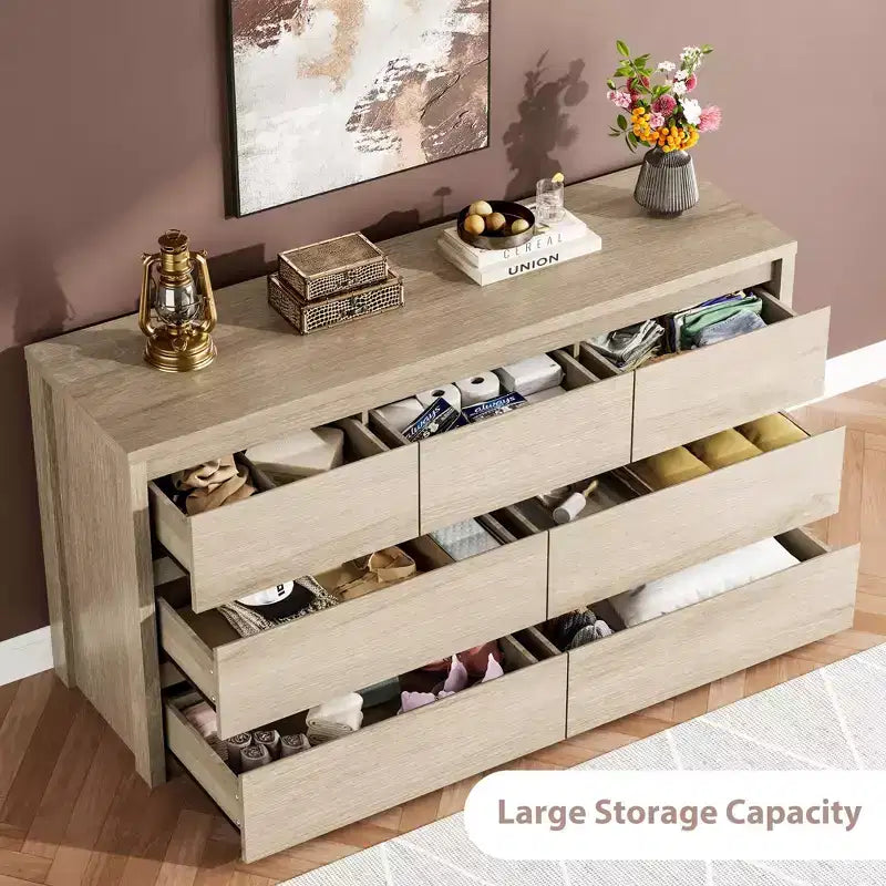 Commode large à 7 tiroirs pour chambre à coucher, commode moderne en bois, grand meuble de rangement pour salon et entrée