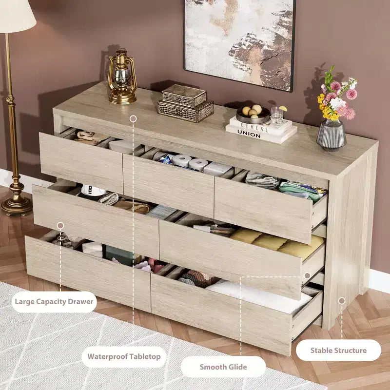 Commode large à 7 tiroirs pour chambre à coucher, commode moderne en bois, grand meuble de rangement pour salon et entrée