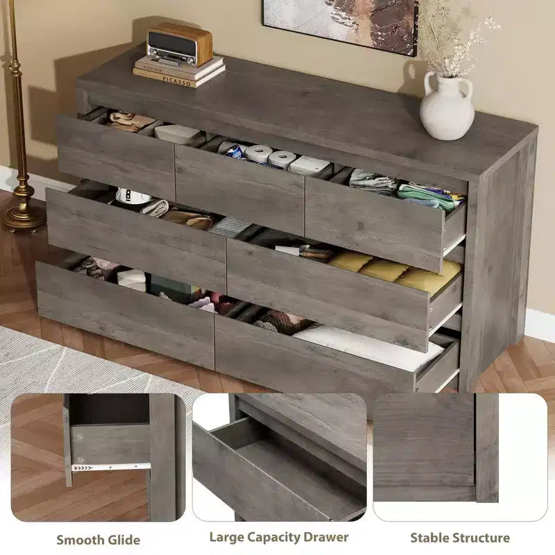 Commode large à 7 tiroirs pour chambre à coucher, commode moderne en bois, grand meuble de rangement pour salon et entrée