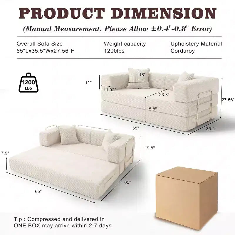 Dyonery 65Canapé-Lit Pliant Convertible en Velours Côtelé Grand Lit de Sol 4-en-1 Canapé Modulaire Combinable DIY Canapé Confortable Rabattable.