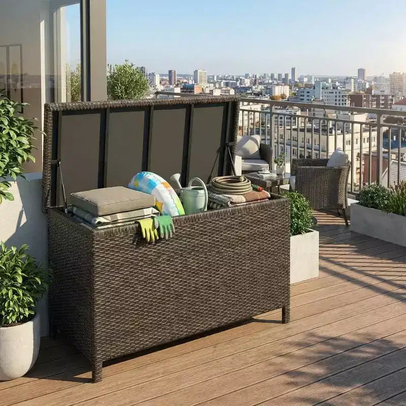 Armoire de rangement en rotin, coffre de rangement de pont de 450 litres, coffre de rangement extérieur en résine de style ferme, étanche pour terrasse, balcon, patio, jardin