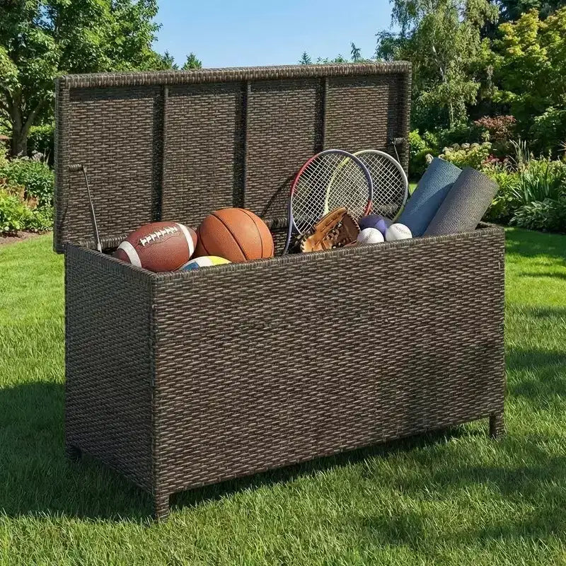 Armoire de rangement en rotin, coffre de rangement de pont de 450 litres, coffre de rangement extérieur en résine de style ferme, étanche pour terrasse, balcon, patio, jardin