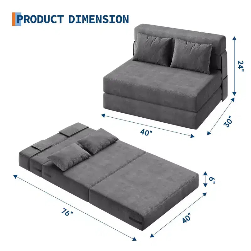 Canapé-lit pliant 4-en-1 et chaise-lit avec oreiller, causeuse capitonnée convertible 76, futon de sol pour chambre à coucher et chambre d'amis
