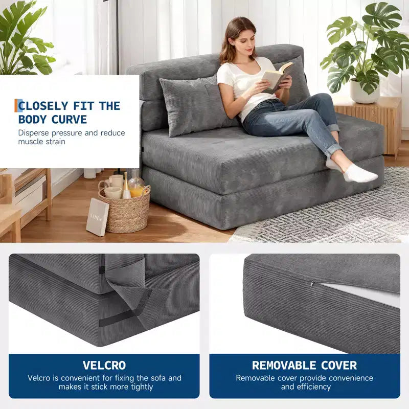 Canapé-lit pliant 4-en-1 et chaise-lit avec oreiller, causeuse capitonnée convertible 76, futon de sol pour chambre à coucher et chambre d'amis