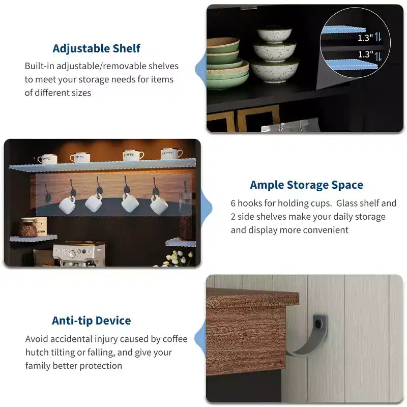Buffet de café style ferme avec lumières LED, 183 cm de haut, étagères réglables, portes et tiroir, étagère en verre, grand espace de rangement