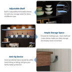 Buffet de café style ferme avec lumières LED, 183 cm de haut, étagères réglables, portes et tiroir, étagère en verre, grand espace de rangement