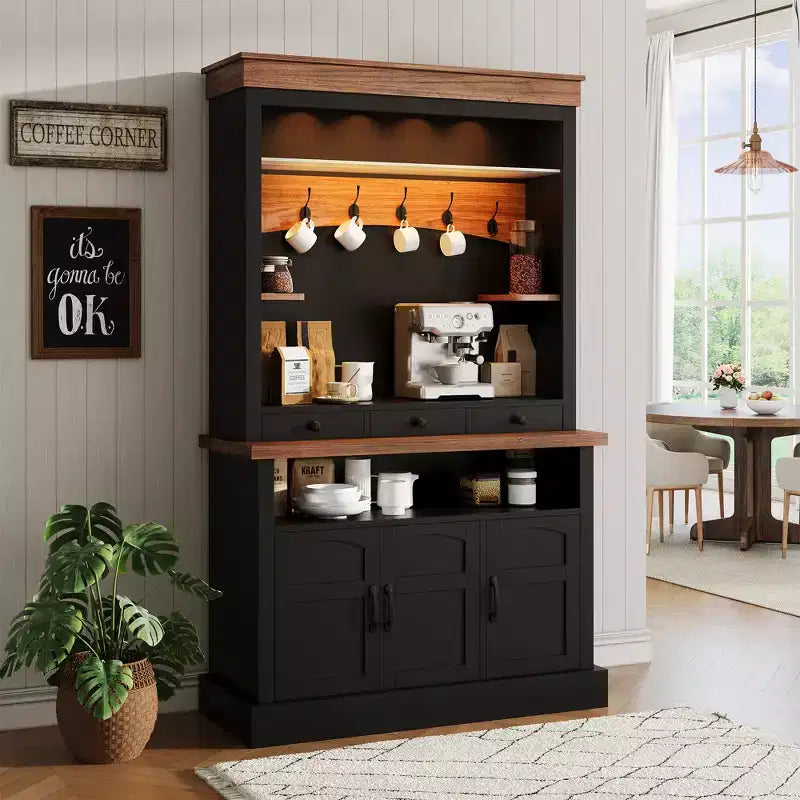 Buffet de café style ferme avec lumières LED, 183 cm de haut, étagères réglables, portes et tiroir, étagère en verre, grand espace de rangement