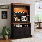 Buffet de café style ferme avec lumières LED, 183 cm de haut, étagères réglables, portes et tiroir, étagère en verre, grand espace de rangement