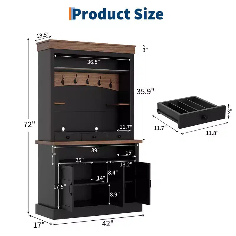Buffet de café style ferme avec lumières LED, 183 cm de haut, étagères réglables, portes et tiroir, étagère en verre, grand espace de rangement