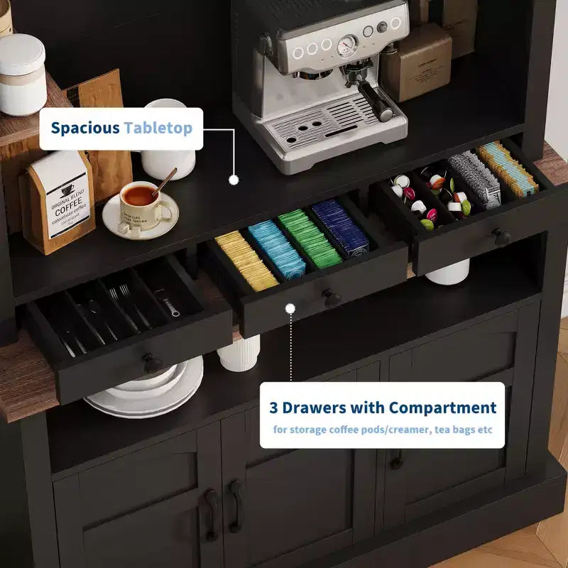 Buffet de café style ferme avec lumières LED, 183 cm de haut, étagères réglables, portes et tiroir, étagère en verre, grand espace de rangement