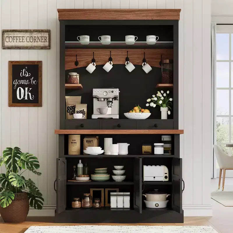 Buffet de café style ferme avec lumières LED, 183 cm de haut, étagères réglables, portes et tiroir, étagère en verre, grand espace de rangement