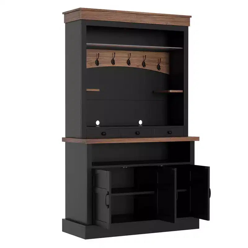 Buffet de café style ferme avec lumières LED, 183 cm de haut, étagères réglables, portes et tiroir, étagère en verre, grand espace de rangement