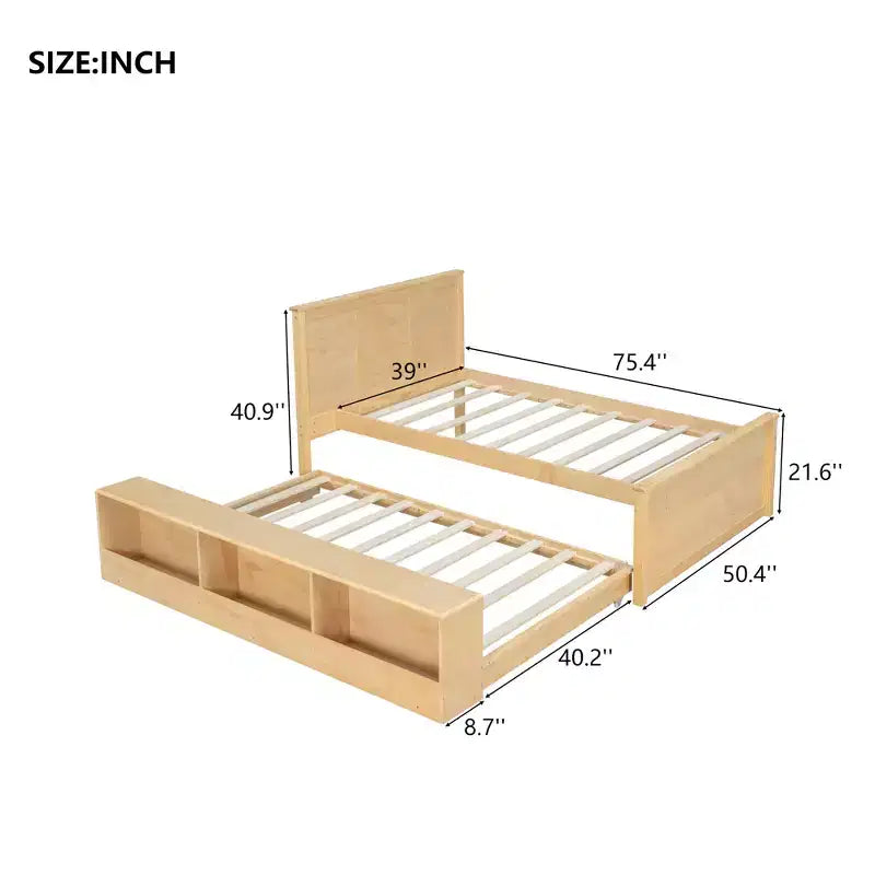 Lit plate-forme Polibi en bois massif avec lit gigogne et armoire de rangement