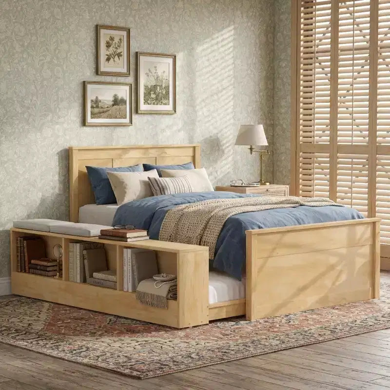 Lit plate-forme Polibi en bois massif avec lit gigogne et armoire de rangement