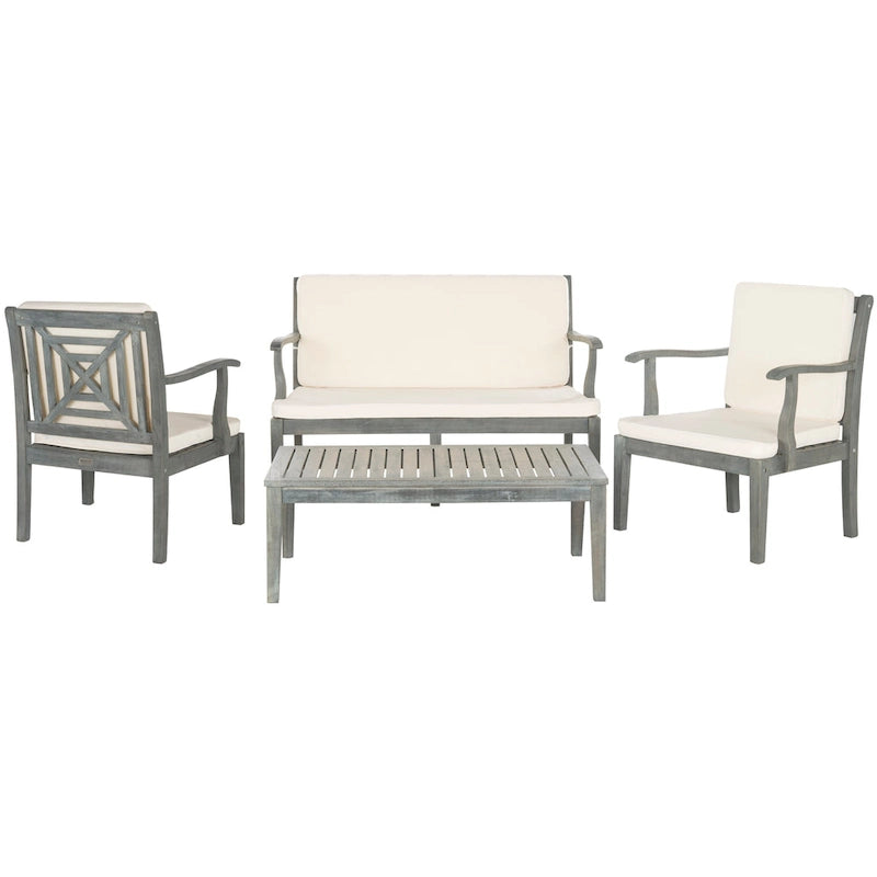 SAFAVIEH Outdoor Living Del Mar Ensemble de patio 4 pièces en bois d'acacia marron avec coussins beiges - 48 L x 25 P x 32 H po