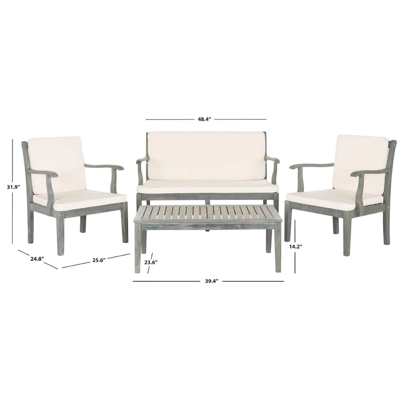 SAFAVIEH Outdoor Living Del Mar Ensemble de patio 4 pièces en bois d'acacia marron avec coussins beiges - 48 L x 25 P x 32 H po