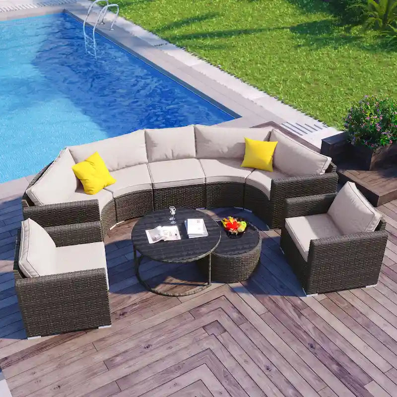 Ensemble de canapé d'extérieur rond moderne 9 pièces avec oreillers et coussins, idéal pour terrasse, cour et piscine