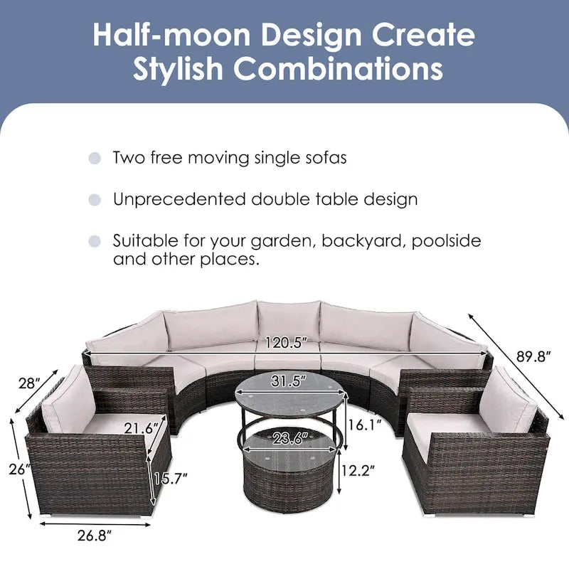 Ensemble de canapé d'extérieur rond moderne 9 pièces avec oreillers et coussins, idéal pour terrasse, cour et piscine
