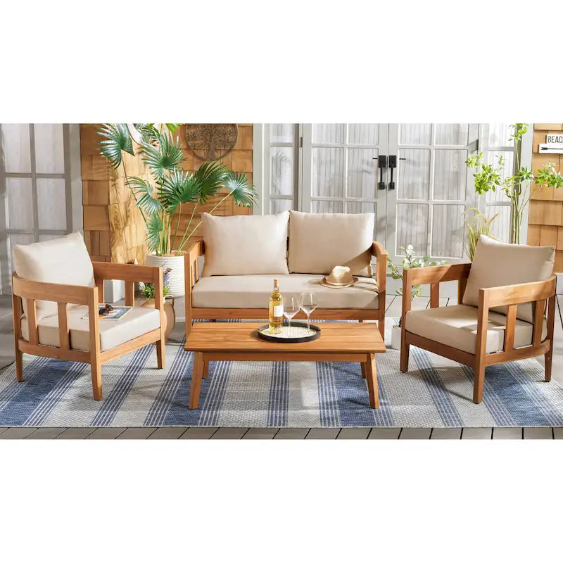 SAFAVIEH Owen Ensemble de conversation de patio 4 pièces en bois massif - 52 larg. x 30 prof. x 25 haut.