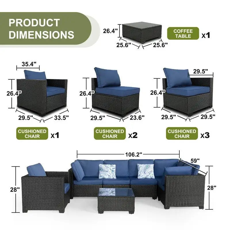 Ensemble de meubles de patio extérieur 7 pièces Ensemble de conversation pour balcon, jardin, porche ou piscine, adapté.