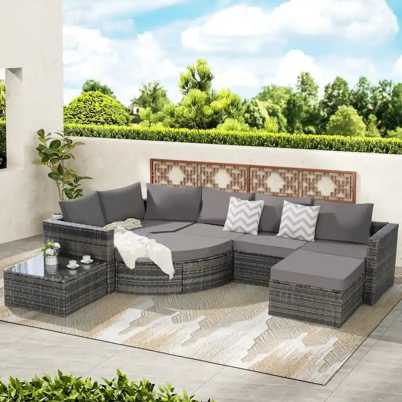Ensemble de canapé de jardin 8 pièces, mobilier de jardin d'angle en rotin, ensemble de conversation pour terrasse