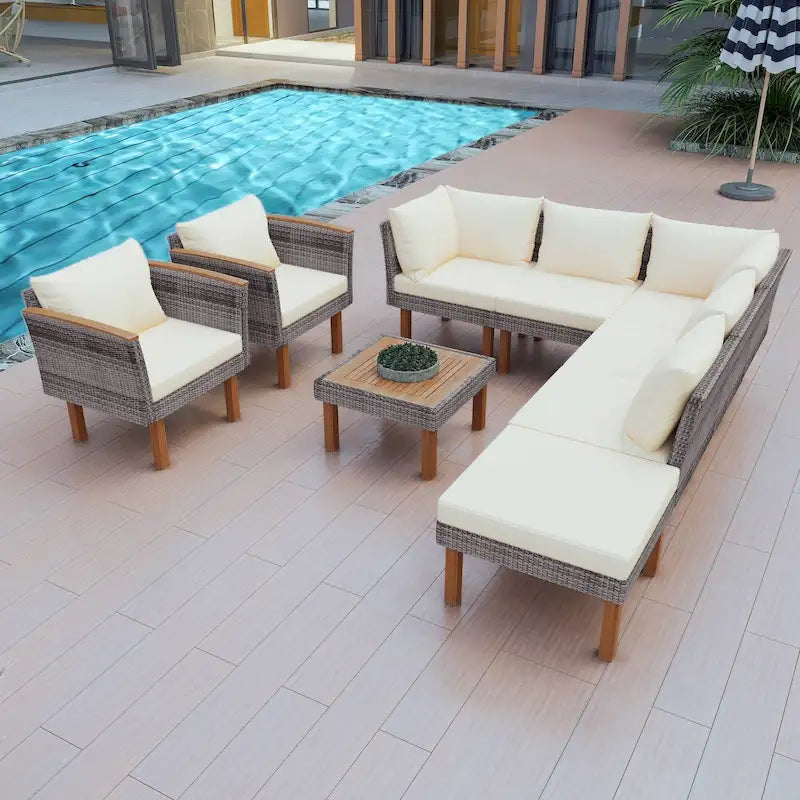 Salon de jardin 9 pièces en rotin avec coussins et table basse