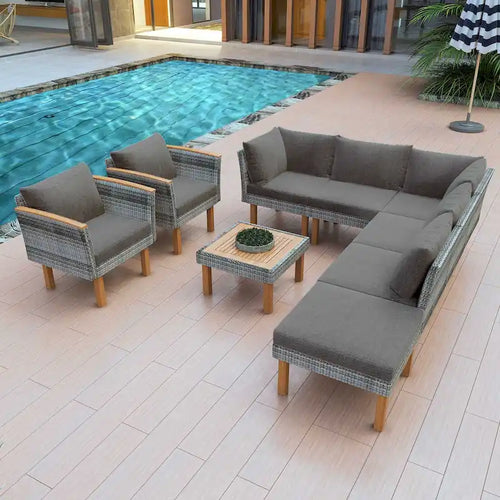 9-Piece Outdoor Rattan Sofa Set with Cushions and Coffee Table