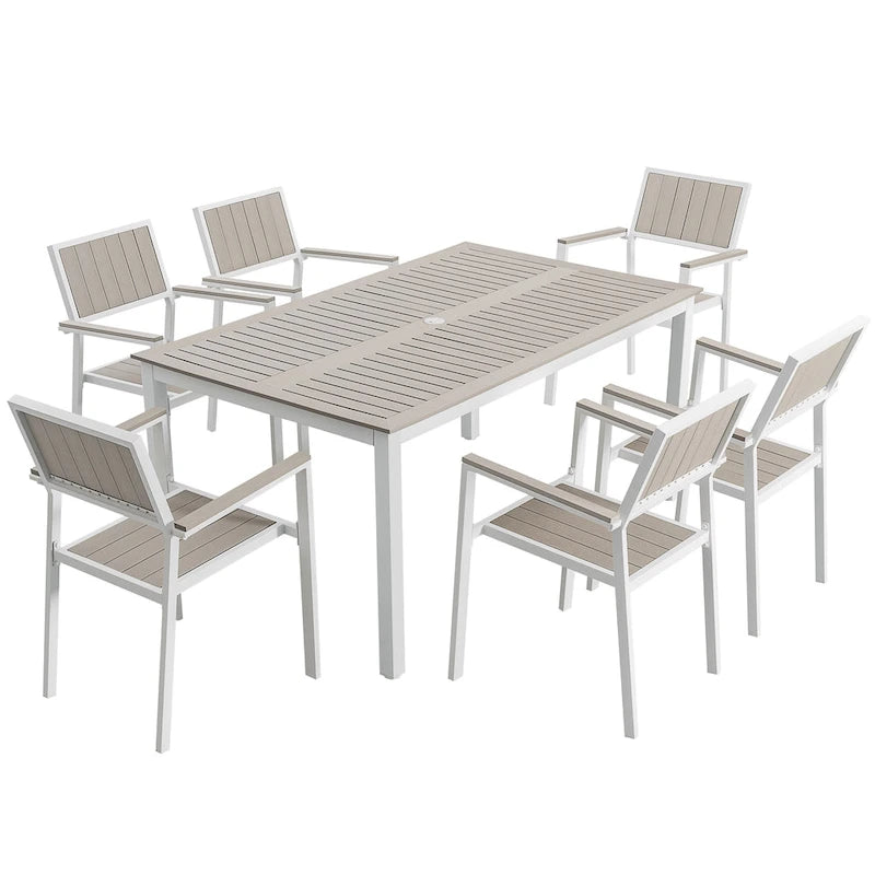 Ensemble repas d'extérieur pour 6, table de patio avec trou pour parasol, conception empilable