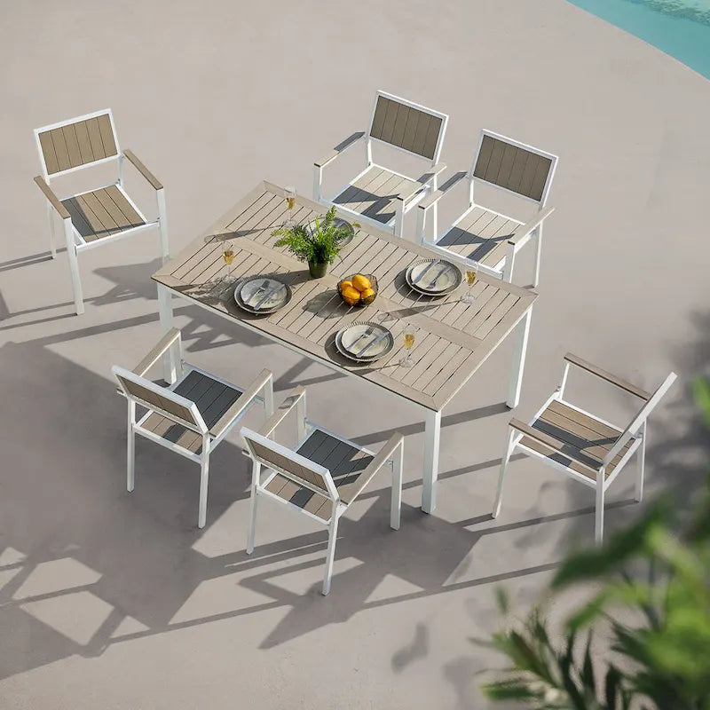 Ensemble repas d'extérieur pour 6, table de patio avec trou pour parasol, conception empilable