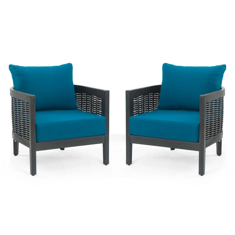 Ensemble de 2 fauteuils de club en osier avec coussins en bois d'acacia pour l'extérieur, sièges de conversation pour patio et jardin