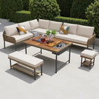 Ensemble de canapé d'angle en corde pour terrasse extérieure 6 pièces avec table en bois d'acacia et glacière