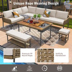 Ensemble de canapé d'angle en corde pour terrasse extérieure 6 pièces avec table en bois d'acacia et glacière