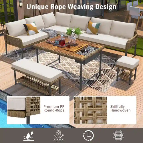 Ensemble de canapé d'angle en corde pour terrasse extérieure 6 pièces avec table en bois d'acacia et glacière
