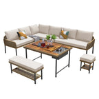 Ensemble de canapé d'angle en corde pour terrasse extérieure 6 pièces avec table en bois d'acacia et glacière