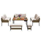 Ensemble de canapé d'angle en corde pour terrasse extérieure 6 pièces avec table en bois d'acacia et glacière
