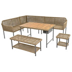 Ensemble de canapé d'angle en corde pour terrasse extérieure 6 pièces avec table en bois d'acacia et glacière