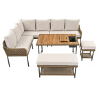 Ensemble de canapé d'angle en corde pour terrasse extérieure 6 pièces avec table en bois d'acacia et glacière