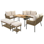 Ensemble de canapé d'angle en corde pour terrasse extérieure 6 pièces avec table en bois d'acacia et glacière