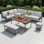 Ensemble de canapé d'angle en corde pour terrasse extérieure 6 pièces avec table en bois d'acacia et glacière