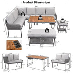 Ensemble de canapé d'angle en corde pour terrasse extérieure 6 pièces avec table en bois d'acacia et glacière