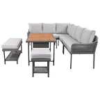 Ensemble de canapé d'angle en corde pour terrasse extérieure 6 pièces avec table en bois d'acacia et glacière