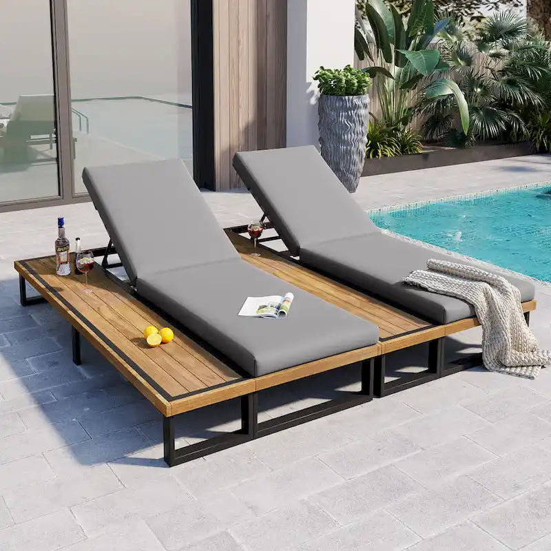 76.8W Outdoor Patio Chaise Lounge Chair Set of 2 with 5-Position Adjustable Backrest - N/A