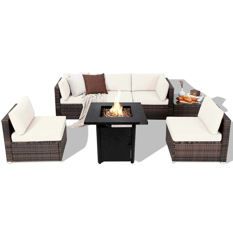 Costway Ensemble de Meubles de Patio 7 pièces avec Foyer au Propane de 50 000 BTU - Voir Détails