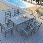 Table à manger 7 pièces en PEHD et 6 chaises avec trou pour parasol Ensemble de salle à manger décontracté Table de pique-nique ou de bière pour terrasse ou piscine