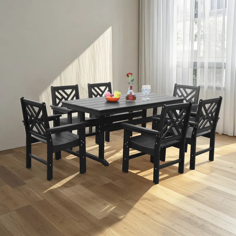 Table à manger 7 pièces en PEHD et 6 chaises avec trou pour parasol Ensemble de salle à manger décontracté Table de pique-nique ou de bière pour terrasse ou piscine