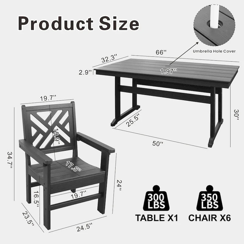 Table à manger 7 pièces en PEHD et 6 chaises avec trou pour parasol Ensemble de salle à manger décontracté Table de pique-nique ou de bière pour terrasse ou piscine