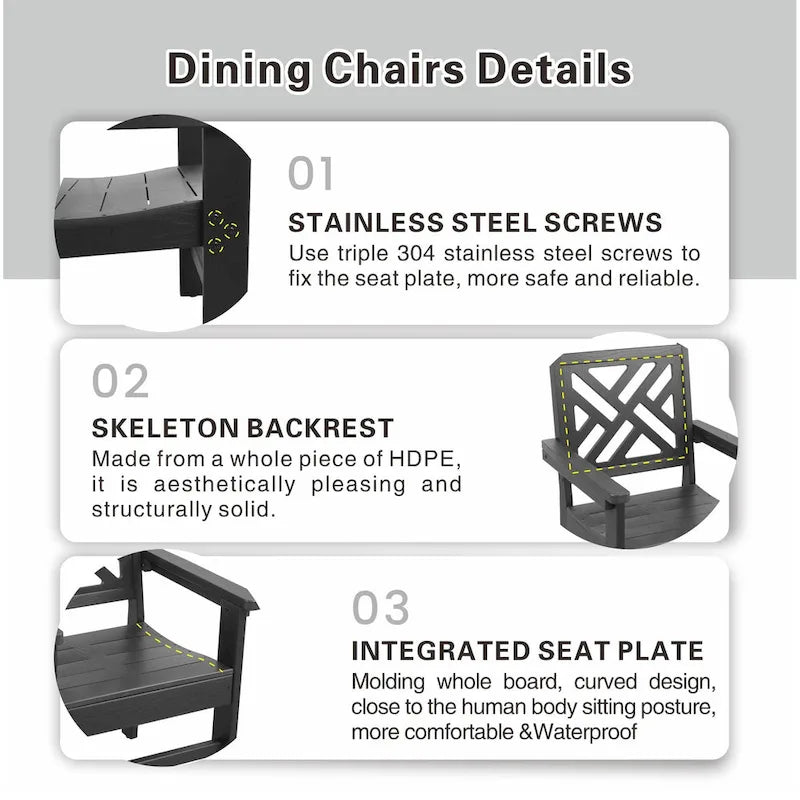 Table à manger 7 pièces en PEHD et 6 chaises avec trou pour parasol Ensemble de salle à manger décontracté Table de pique-nique ou de bière pour terrasse ou piscine